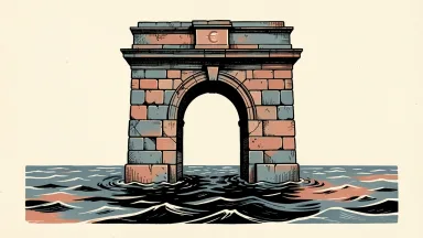 The ECB's Transmission Protection Instrument represented by a solid stone archway with a euro symbol keystone standing firm against rising dark water.