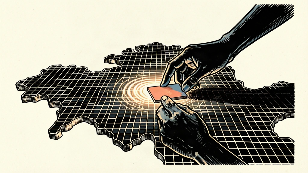 An editorial illustration showing a grid-like map of a bay area being completed by a hand placing a data tile, symbolizing regional planning.