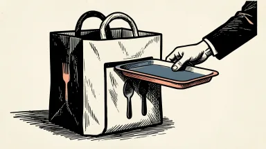 Uber Technologies acquires ezCater: a large delivery bag being combined with a catering tray to represent the expansion into group food ordering.