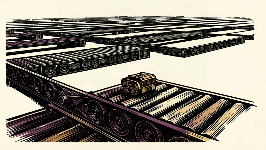 A single industrial conveyor belt moving slowly while several others in the background remain completely still and empty.