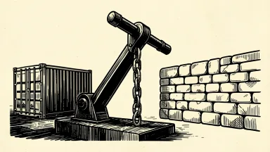 China and EU trade tensions: a heavy industrial lever representing a kill switch is restrained by a thick metal chain between a shipping container and a wall.