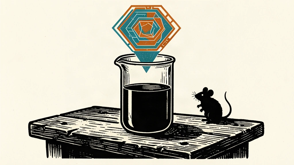 An editorial illustration showing a glass beaker on a wooden table with a glowing digital tile above it and a mouse silhouette nearby.