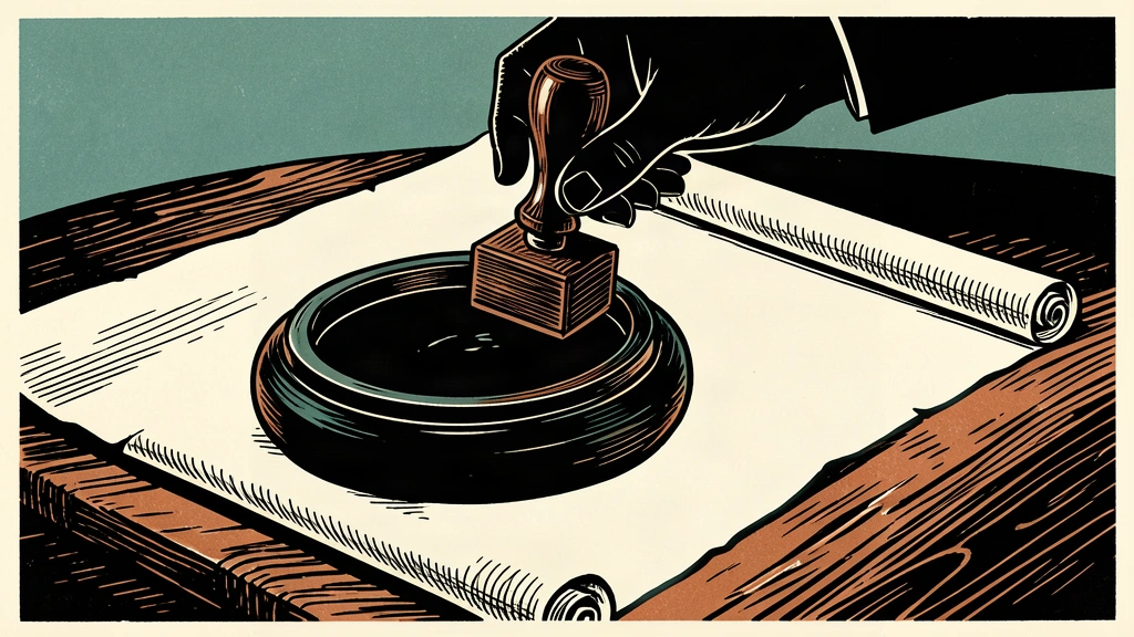 A conceptual illustration of a large wooden seal held above a blank scroll, representing the pending cabinet approval of a tax reform outline.