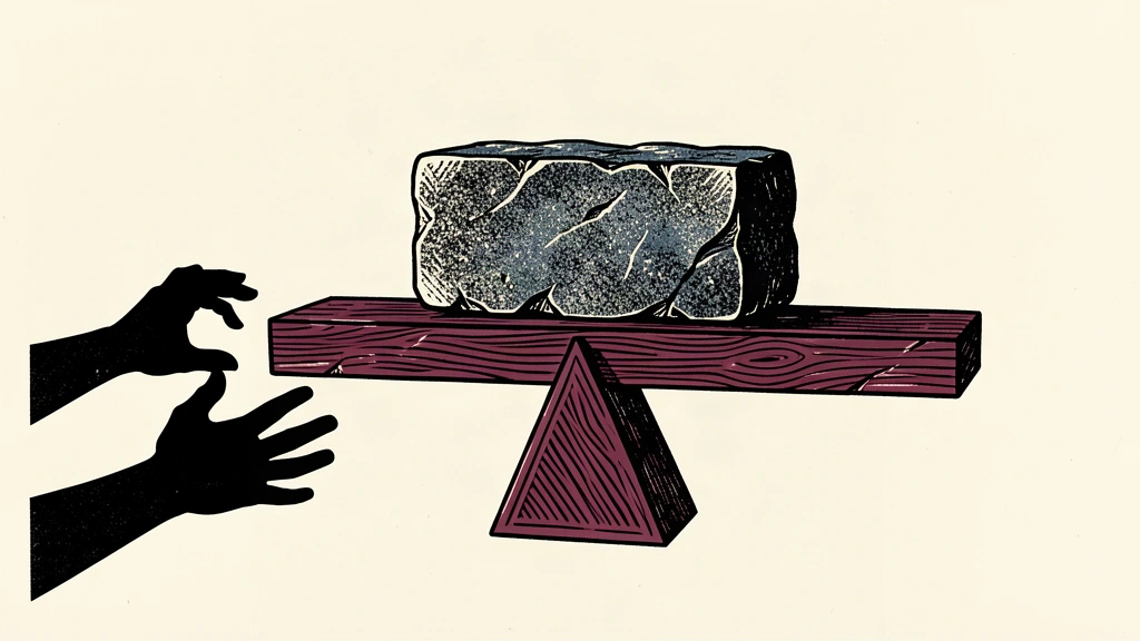 An editorial illustration of a heavy stone block balanced perfectly level on a central fulcrum, representing an even split in market expectations.