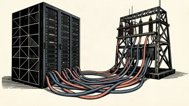 An editorial illustration showing a large server rack connected by thick power cables to a massive electrical substation.