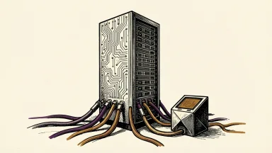 NVIDIA Vera Rubin NVL72 hardware on CoreWeave cloud: a large server rack monolith connected by heavy cables to a smaller geometric terminal.