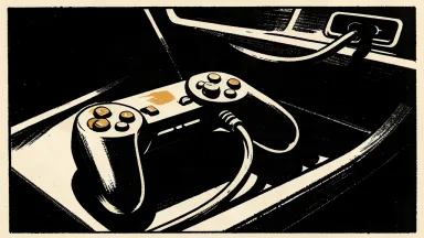 A linocut illustration of a video game controller plugged into a vehicle's interior port, symbolizing the reported gaming integration for the Cybercab.
