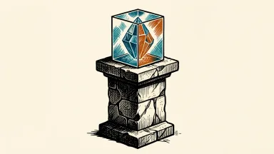State Street study on digital asset adoption: a stone pillar being integrated with a geometric digital pattern while supporting a glass block containing a crystal.