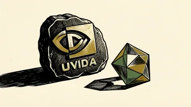 Nvidia in talks to increase its stake in Reflection AI: a large Nvidia logo stone positioned near a smaller, reflective geometric crystal.