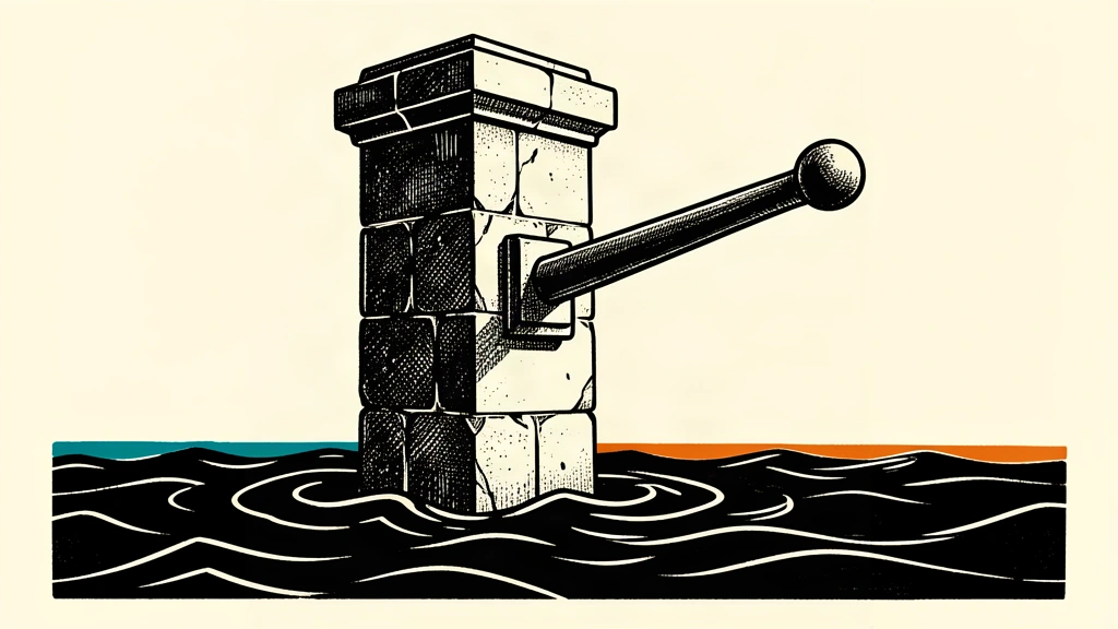 A conceptual illustration of a stone pillar with a large lever being pushed upward by a rising tide, symbolizing the potential for a Fed rate hike due to inflation.