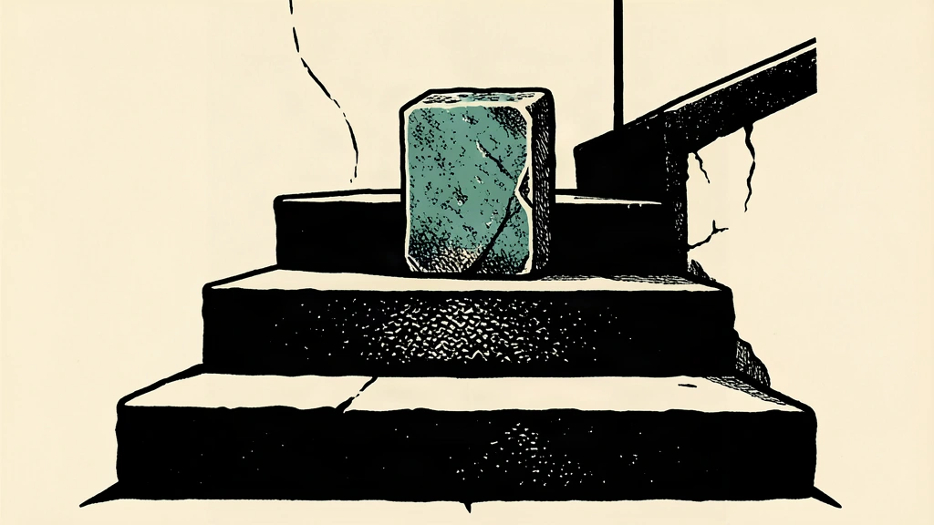 A conceptual linocut of a heavy stone block resting securely on the top step of a solid three-tiered pedestal.