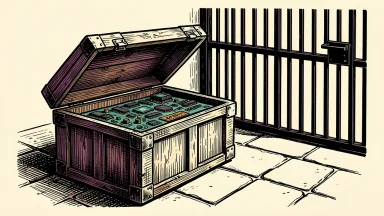 China's export controls on dual-use items: an industrial crate containing electronics sits before a heavy barred gate.
