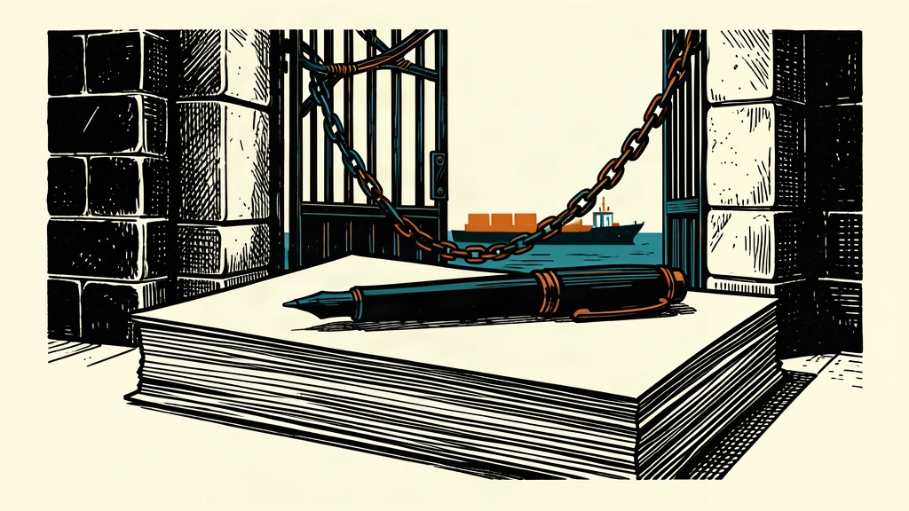 An editorial illustration showing a heavy pen and a descending iron gate blocking a cargo ship, representing new sanctions and tariffs.