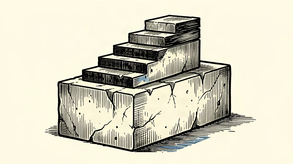 A conceptual illustration of a market index represented by a solid stone base with a series of rising, stacked slabs forming a stable staircase toward a higher platform.