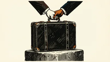 Curtiss-Wright CFO transition: one hand in a suit sleeve releases a heavy briefcase handle as a second hand reaches in to take over.