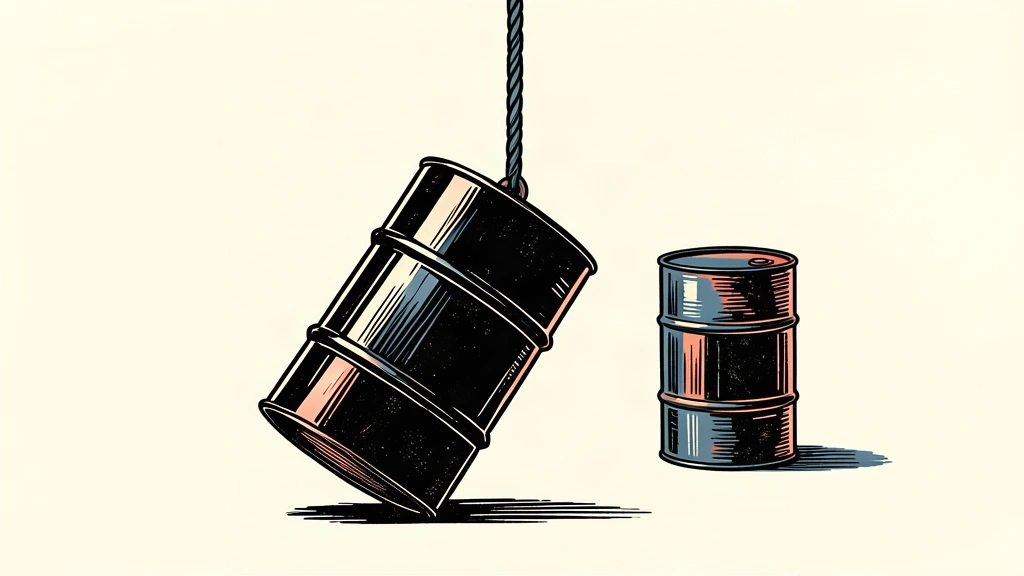 An editorial illustration showing a heavy oil barrel being pulled upward by a thick cable, conveying a rise in price through physical elevation.