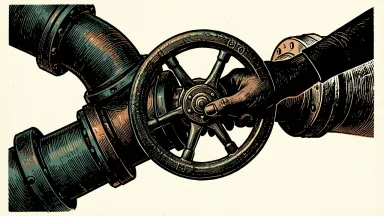 Russia-China gas export expansion: a large industrial pipeline valve being turned by a silhouette hand to increase flow.