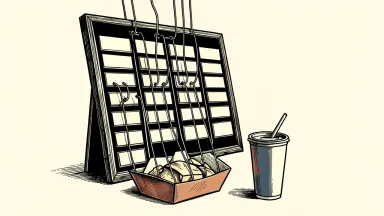 McDonald's using AI for menu pricing: mechanical wires rearrange blank price tiles on a restaurant menu board next to a food container and cup.