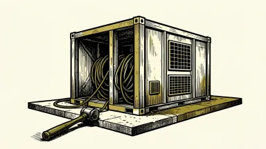 Fluence Energy facing a securities fraud lawsuit: an incomplete industrial battery storage container with loose cables next to a legal gavel.