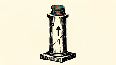StoneX raises Securitize price target: a stone column with an upward arrow supports a stack of coins.