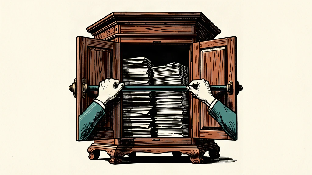 An editorial illustration of hands securing a restraint bar across a cabinet filled with documents, symbolizing fiscal management.