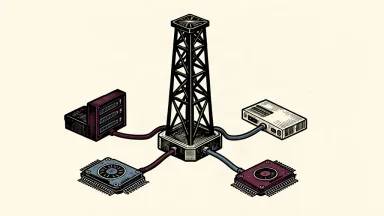 An editorial illustration showing a central telecommunications tower connected by cables to four surrounding hardware components, representing industry alignment on new standards.