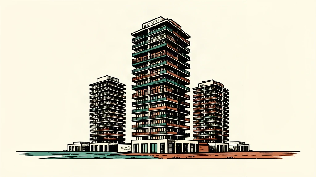 An editorial illustration of a few apartment towers where one central building is taller than the rest, representing the localized price growth in Shanghai.