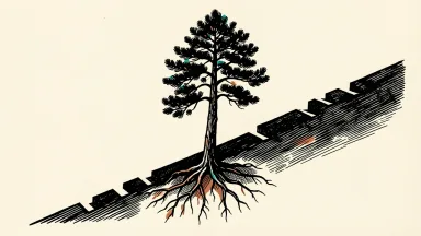 Rayonier stock at a multi-year low: a lone pine tree on a steep downward slope with exposed roots and ten descending notches in the earth.