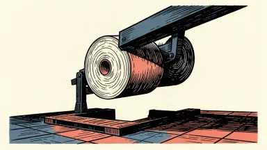 An industrial paper roll being lifted on a platform by a heavy beam.