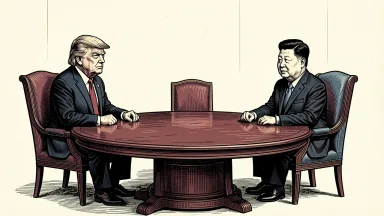 Donald Trump and Xi Jinping at a large circular table with an empty third chair, representing a proposed meeting to negotiate an end to the war in Ukraine. Identity photo references adapted into illustration: Daniel Torok (Public domain; https://commons.wikimedia.org/wiki/File:Official_Presidential_Portrait_of_President_Donald_J._Trump_(2025).jpg); source https://commons.wikimedia.org/wiki/File:Official_Presidential_Portrait_of_President_Donald_J._Trump_(2025).jpg | Официальный веб-сайт Президента Российской Федерации (CC BY 4.0; https://creativecommons.org/licenses/by/4.0); source https://commons.wikimedia.org/wiki/File:Chinese_President_Xi_May_2024.jpg