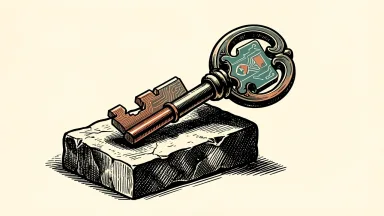 OpenWorld and BeyondAI tokenization deal: a large physical key representing intellectual property being fitted with a digital circuit token.