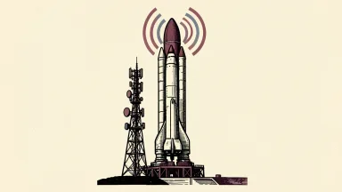SpaceX wireless expansion: a Starship rocket stands behind a telecommunications tower emitting stylized radio waves.