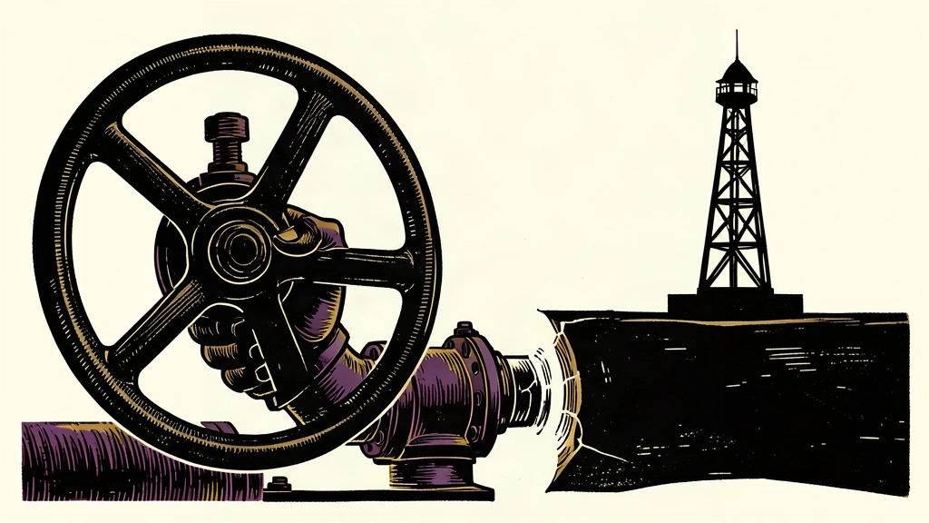 An editorial illustration showing a hand turning a large industrial valve to a closed position, with a disconnected pipeline and a silent oil derrick in the background.