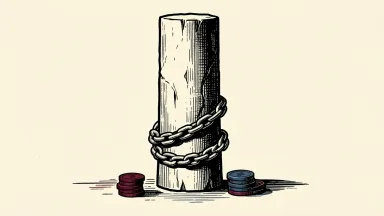 US public debt interest rises to record; a stone column with chain represents growing debt burden.