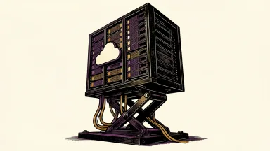 Lambda raising capital: a large cloud-computing server rack being lifted upward by a heavy mechanical jack.