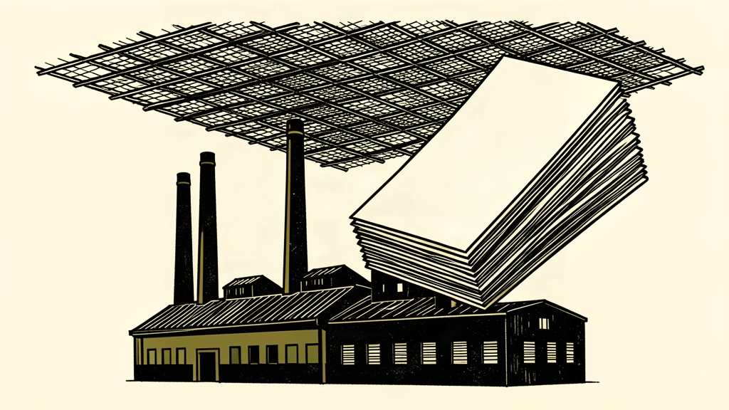 An editorial illustration showing a black ink silhouette of an industrial factory with smokestacks. A heavy dark grid hovering above the factory is propped up and lifted on one side by a thick stack of blank rectangular sheets, creating open space and easing the constraint on the facility.