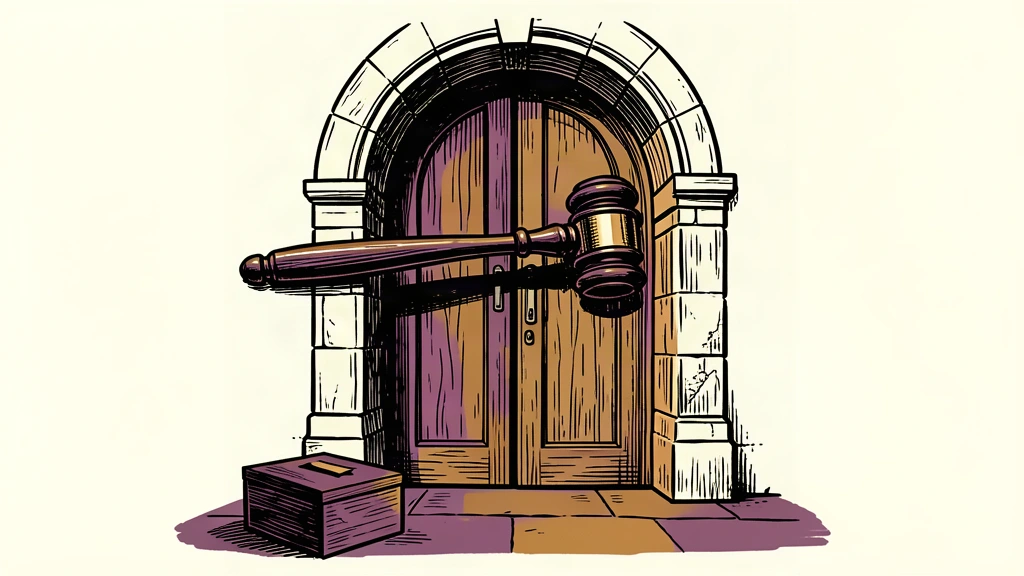 A gavel bars the entrance to a legislative chamber, with a ballot box waiting in the foreground.