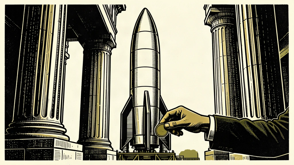 An editorial illustration showing a rocket ship integrated into the architecture of a government hall, with a hand placing a coin at its base.