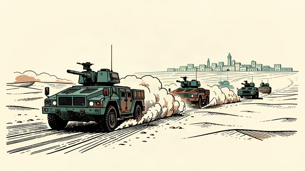 A military convoy advances across a desert toward a distant city silhouette.