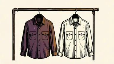 Cintas and UniFirst merger delay: two industrial work shirts on a garment rack are held in place by a heavy horizontal iron bar.
