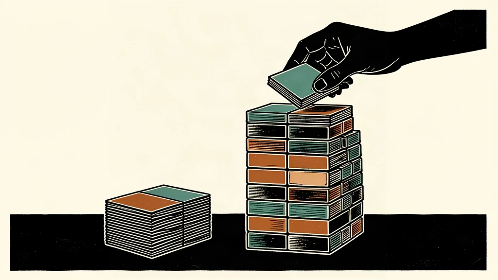 A conceptual woodcut-style illustration showing two stacks of square tiles on a dark surface against an ivory background. The left stack is short and standard, while the right stack towers much higher, with a silhouette of a hand placing a final tile on top, visually representing a significant perce
