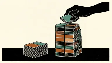 A conceptual woodcut-style illustration showing two stacks of square tiles on a dark surface against an ivory background. The left stack is short and standard, while the right stack towers much higher, with a silhouette of a hand placing a final tile on top, visually representing a significant perce