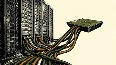 Alpha Compute delivering computing capacity to an AI platform: a massive server cluster connected by thick cables to a floating geometric platform.