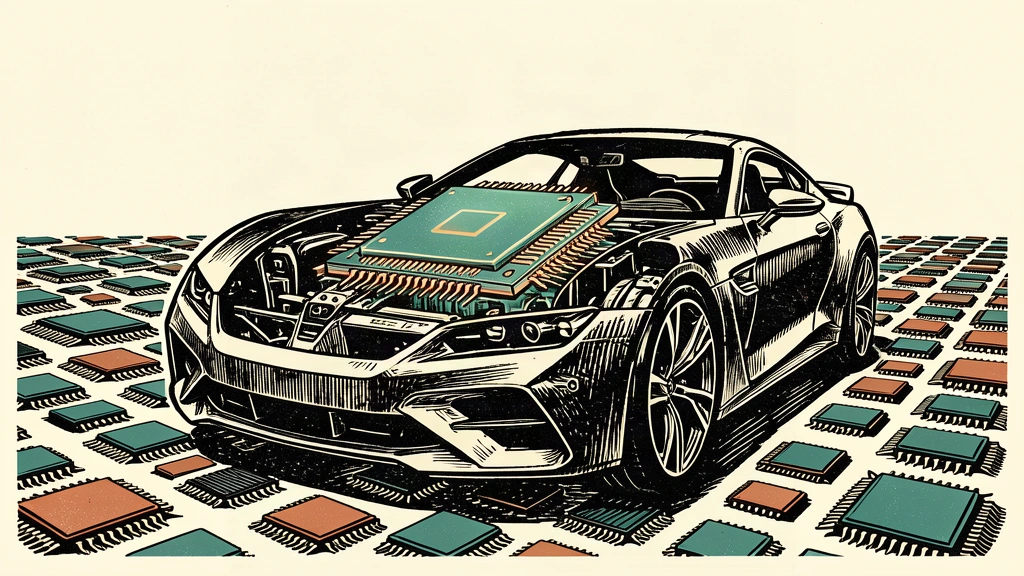 An editorial illustration showing a large semiconductor chip as the central component of a car chassis, surrounded by a field of smaller chips.