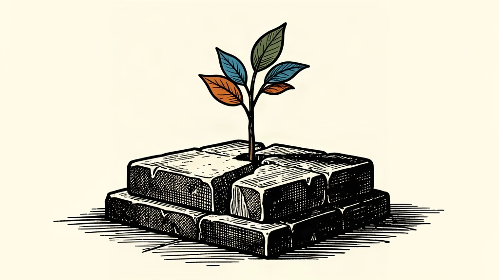 A small sapling grows from a crack in a heavy stone block, symbolizing modest economic growth.