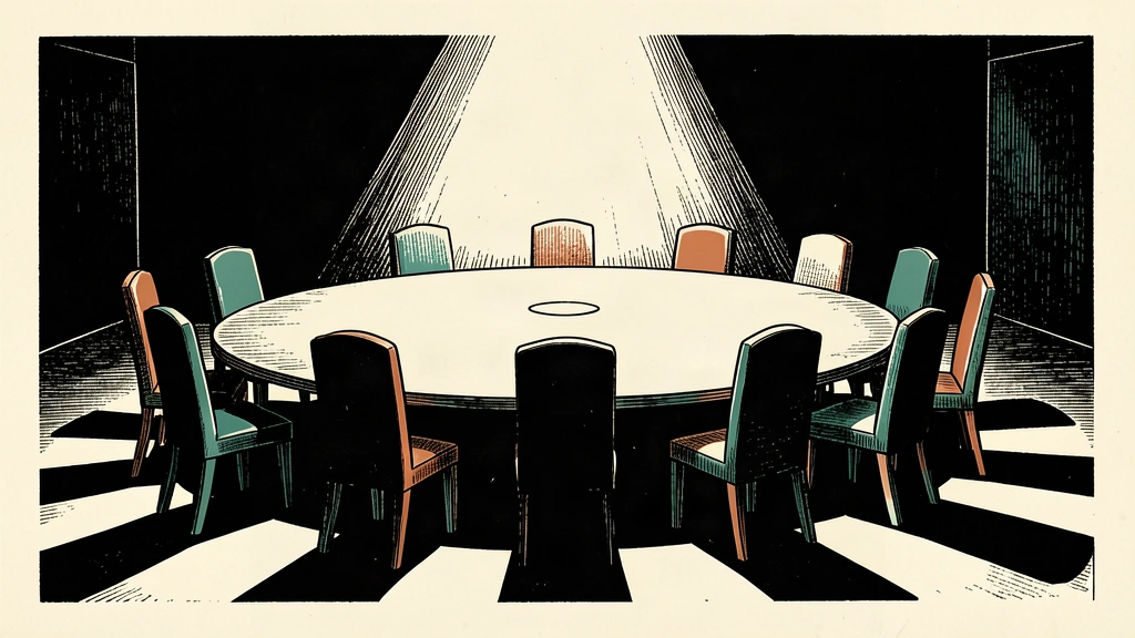 An editorial illustration showing a ring of chairs being drawn together around a central table under a single light, representing a unified emergency protocol.
