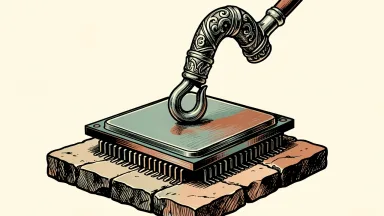 Nvidia criticized by the Pope over regulation: a large computer processor chip is restrained by an ornate shepherd's crook.