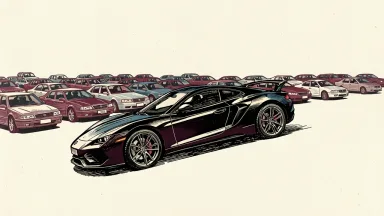 Tesla's shift from the mainstream market: a sleek sports car ascending into the air away from a row of stationary generic sedans.
