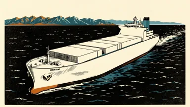 A commercial cargo ship southeast of Yemen: the vessel's smooth hull is shown against a dark sea and a jagged coastal silhouette.