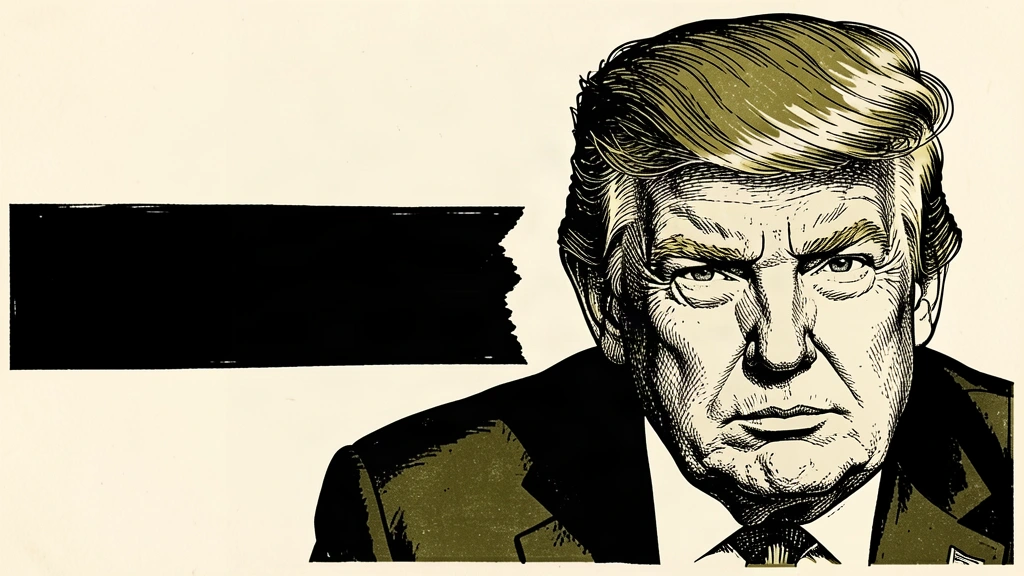 An editorial illustration showing a portrait of Donald Trump next to a heavy black horizontal bar representing sanctions, creating a sense of diplomatic tension. Identity photo references adapted into illustration: Daniel Torok (Public domain; https://commons.wikimedia.org/wiki/File:Official_Presidential_Portrait_of_President_Donald_J._Trump_(2025).jpg); source https://commons.wikimedia.org/wiki/File:Official_Presidential_Portrait_of_President_Donald_J._Trump_(2025).jpg